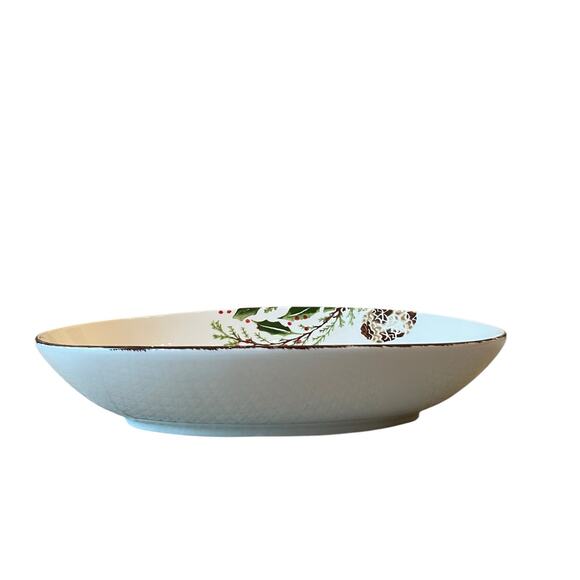 Papart Handpainted Turkish Serving Bowl 14x9 Ceramic Holiday Pinecone Holly NEW - Picture 4 of 15